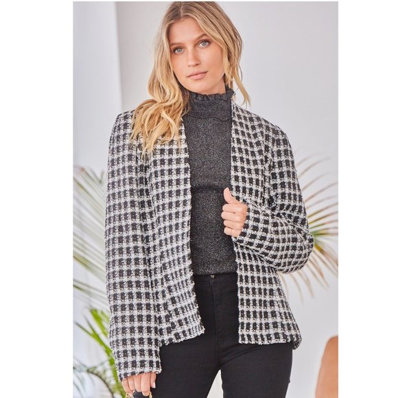 Classic Tweed Blazer Black & White Plaid Open Front Collarless Long Sleeves - Picture 2 of 5